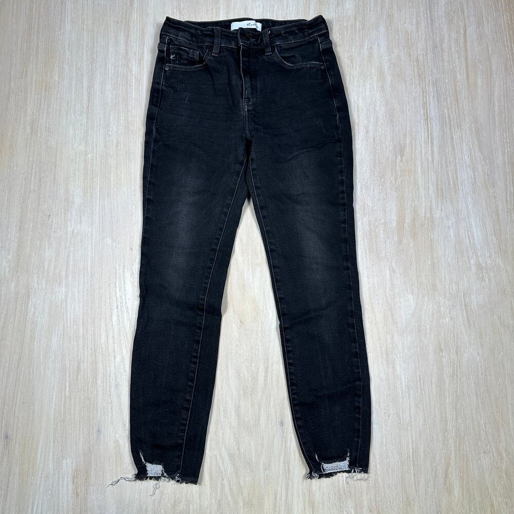 KanCan Black High Rise Ripped Fringe Chewed Hem Ankle Skinny Denim Jeans 7/27